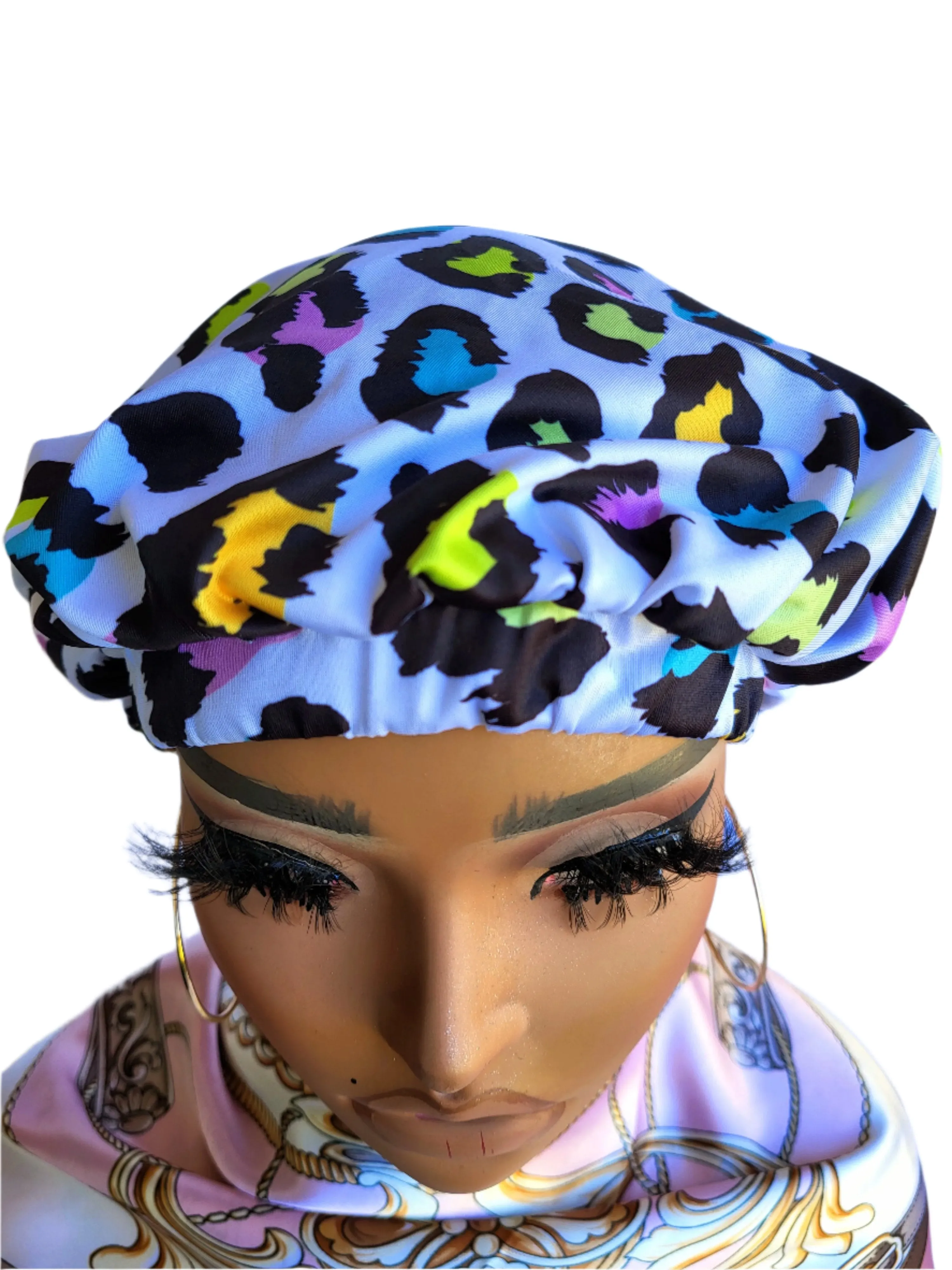 LEOPARD White Tight Fitted Single Layer Hair Bonnet