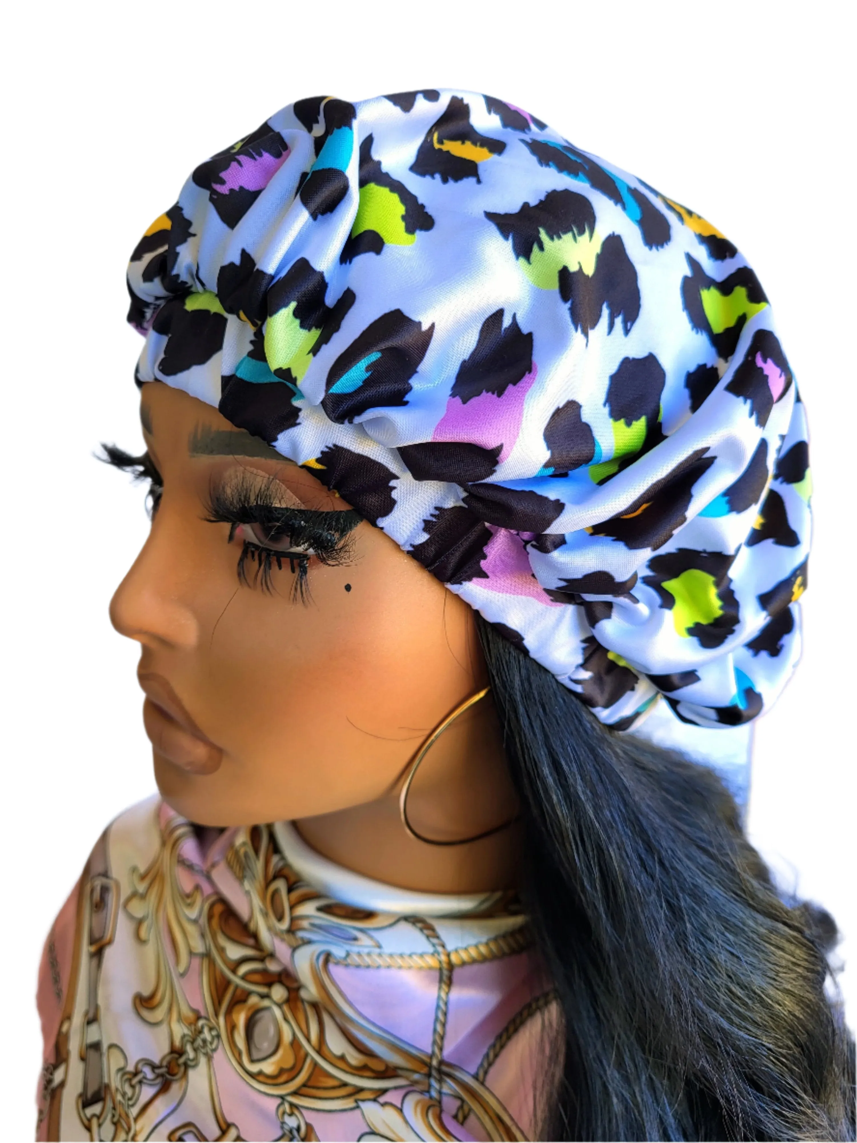 LEOPARD White Tight Fitted Single Layer Hair Bonnet