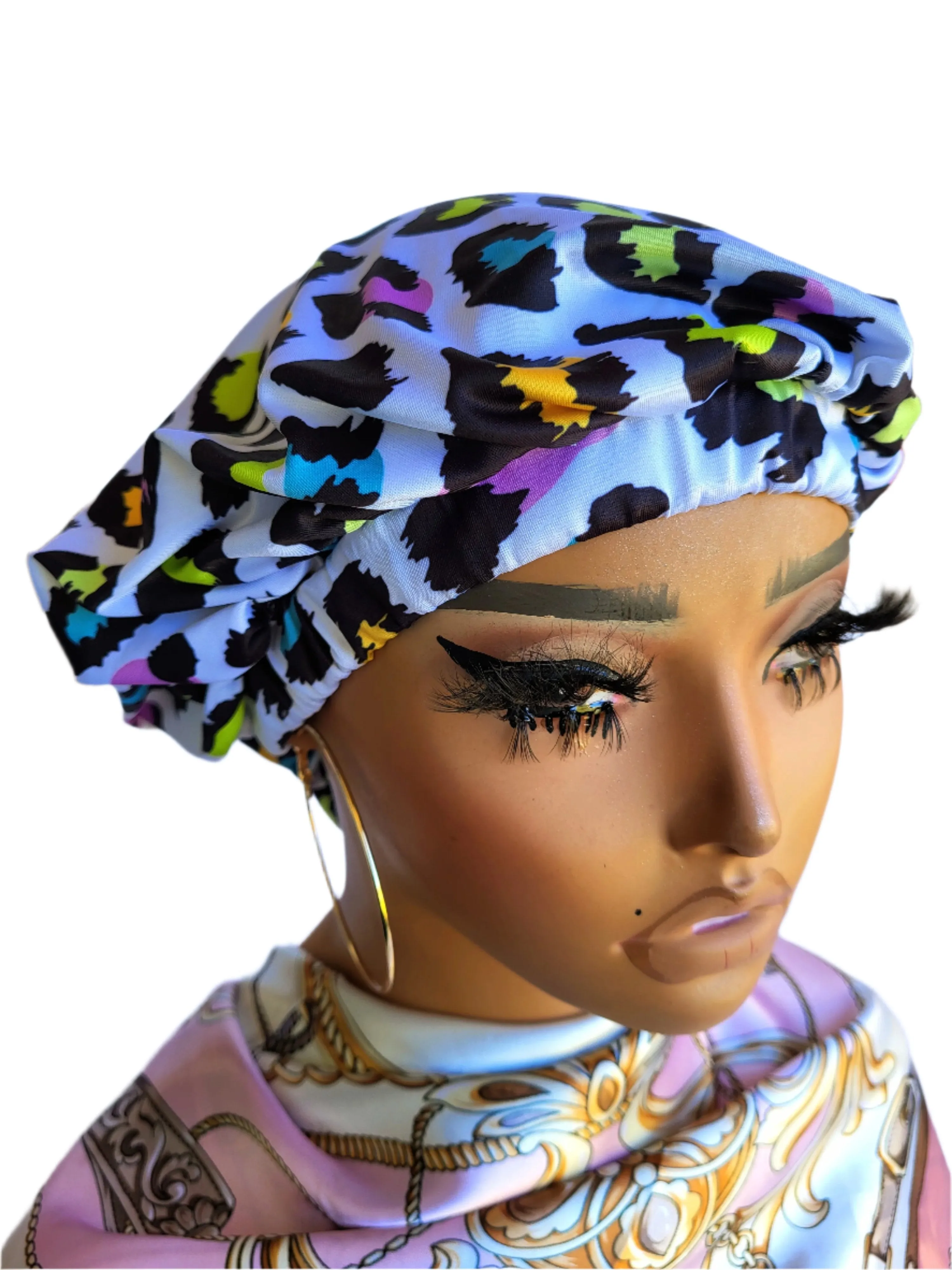 LEOPARD White Tight Fitted Single Layer Hair Bonnet