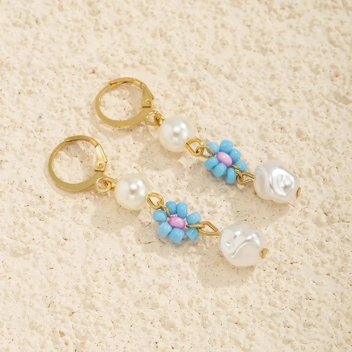Light Blue Howlite & Pearl 18K Gold-Plated Floral Huggie Earrings