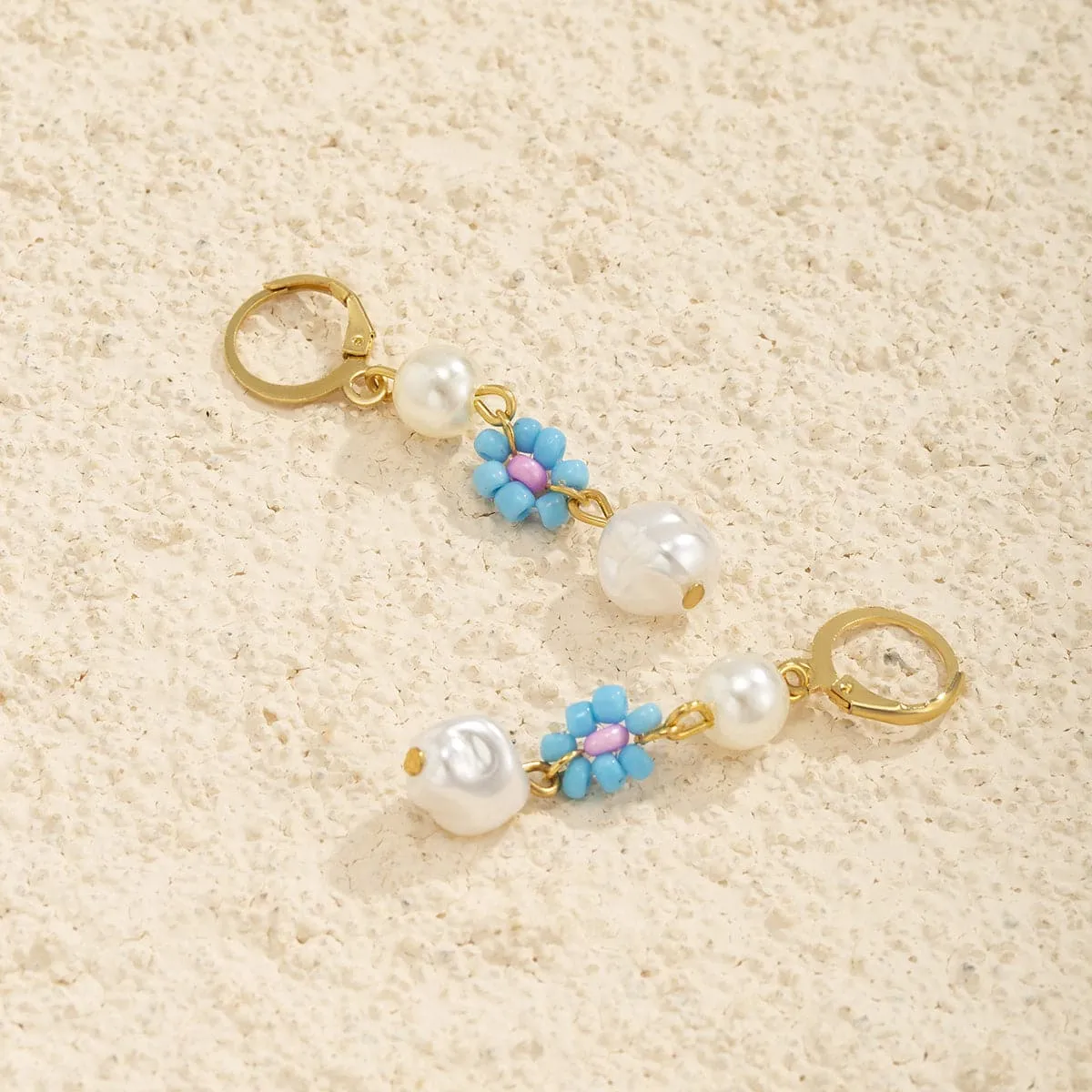Light Blue Howlite & Pearl 18K Gold-Plated Floral Huggie Earrings