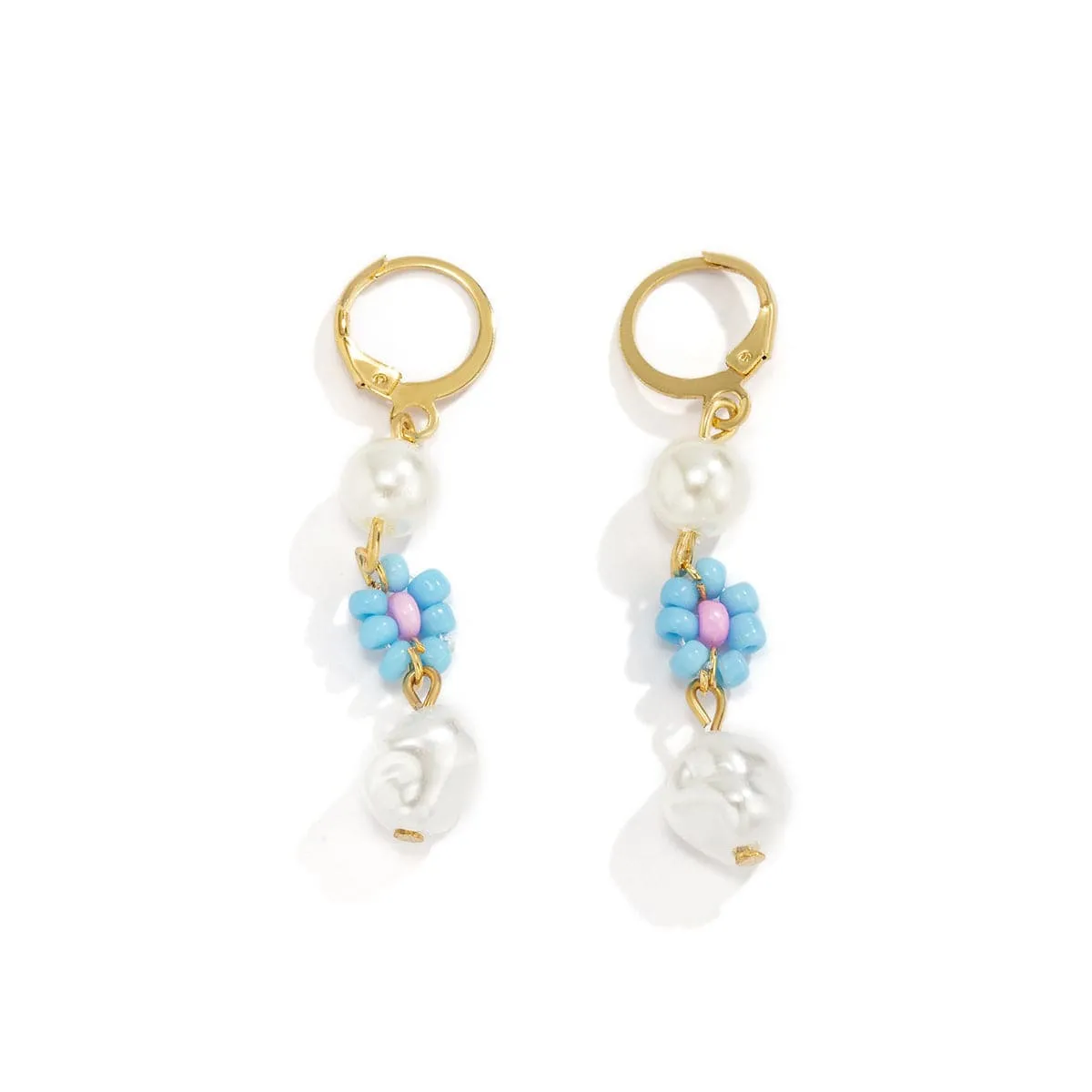 Light Blue Howlite & Pearl 18K Gold-Plated Floral Huggie Earrings