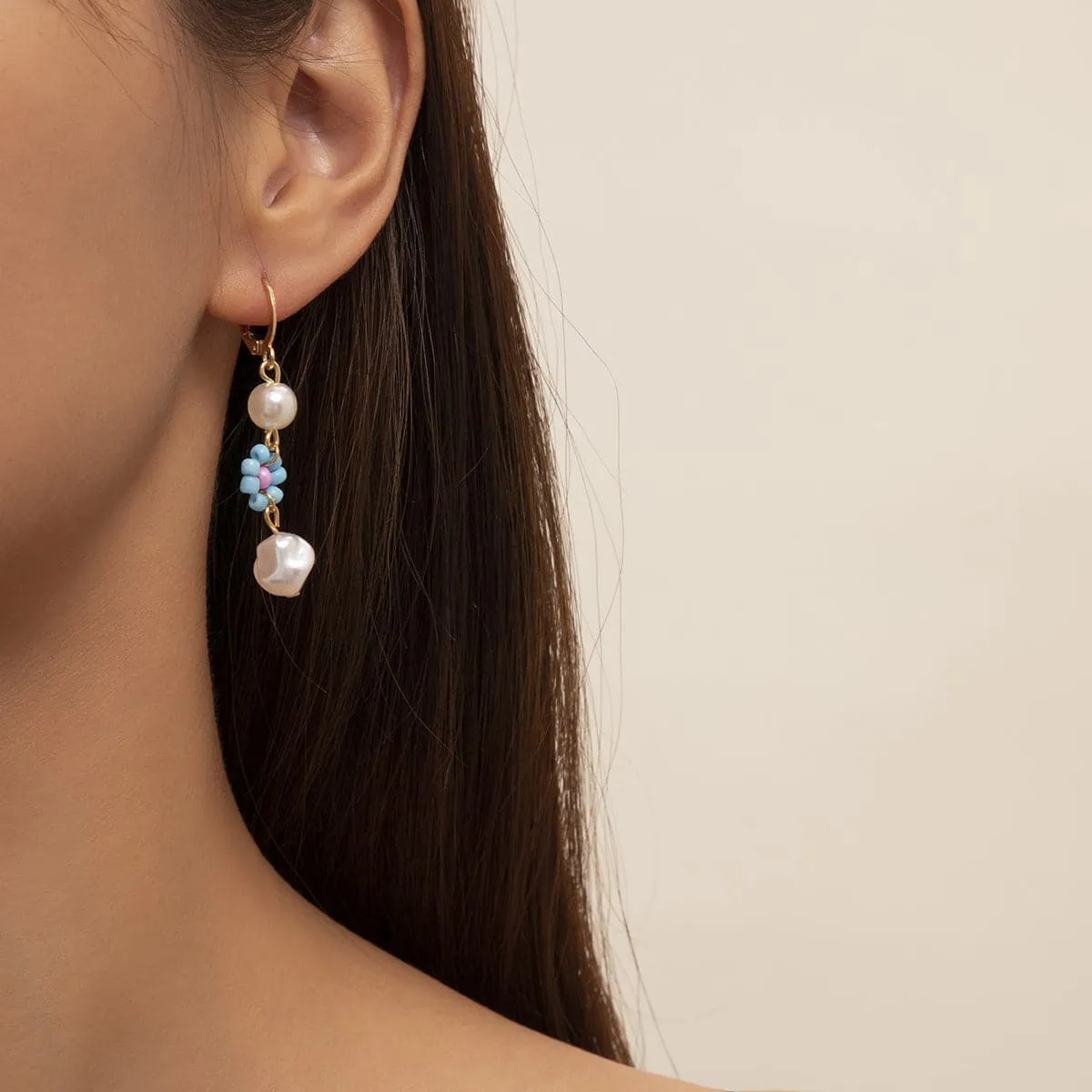 Light Blue Howlite & Pearl 18K Gold-Plated Floral Huggie Earrings