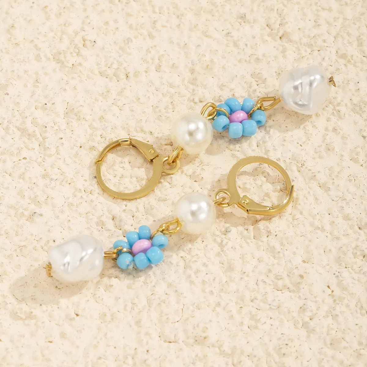 Light Blue Howlite & Pearl 18K Gold-Plated Floral Huggie Earrings