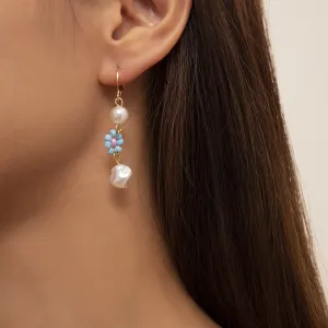 Light Blue Howlite & Pearl 18K Gold-Plated Floral Huggie Earrings
