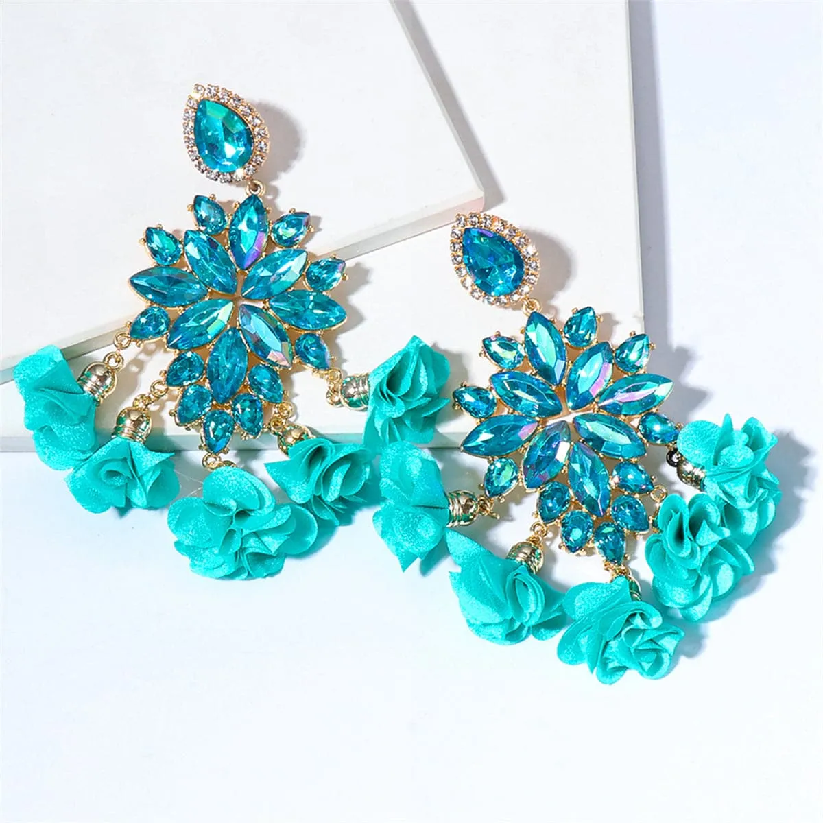 Light Green Polyster & Crystal 18K Gold-Plated Floral Tassel Drop Earrings
