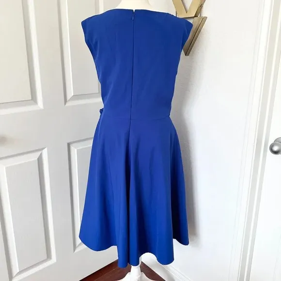 Like New Tahari ASL Cap Sleeve Crepe Sheath Cobalt Blue Side Tie Dress
