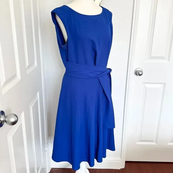 Like New Tahari ASL Cap Sleeve Crepe Sheath Cobalt Blue Side Tie Dress