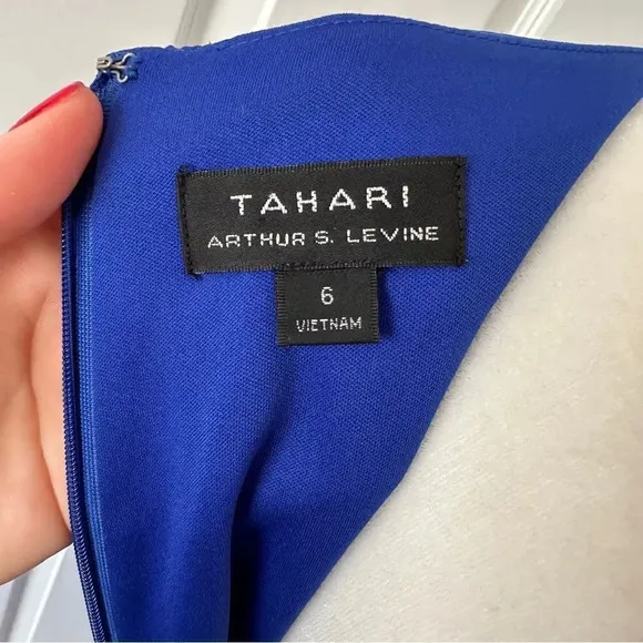 Like New Tahari ASL Cap Sleeve Crepe Sheath Cobalt Blue Side Tie Dress
