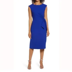 Like New Tahari ASL Cap Sleeve Crepe Sheath Cobalt Blue Side Tie Dress