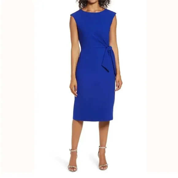 Like New Tahari ASL Cap Sleeve Crepe Sheath Cobalt Blue Side Tie Dress