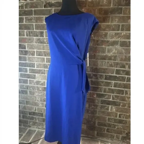 Like New Tahari ASL Cap Sleeve Crepe Sheath Cobalt Blue Side Tie Dress