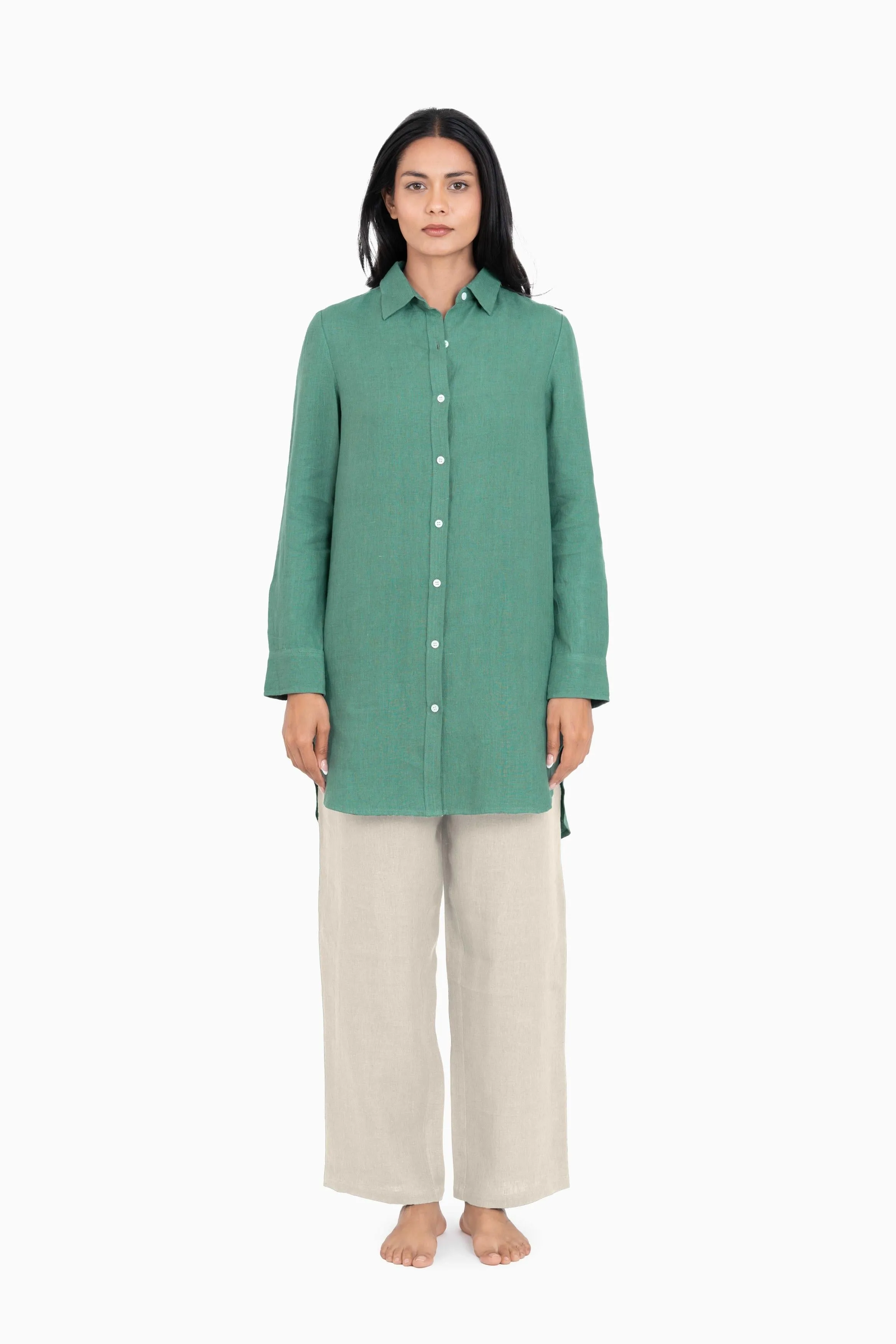 Linen Ginger Long Shirt-Stormy Blue