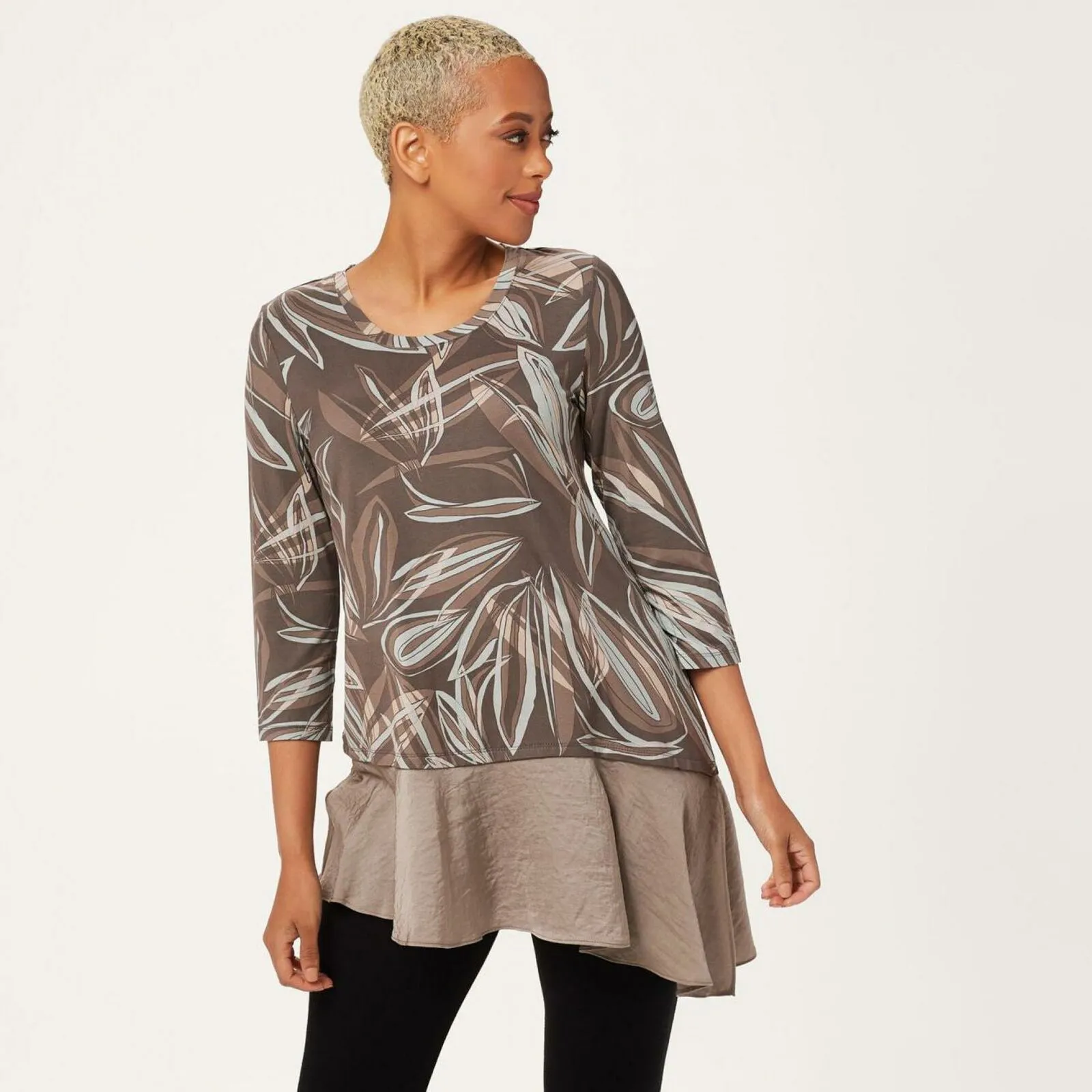 LOGO by Lori Goldstein Women's Rayon 230 Top with Satin Hem Shale Large