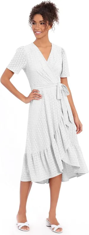 London Times Women's Plus Size Short Sleeve Ruffle Faux Wrap Dress T5649W