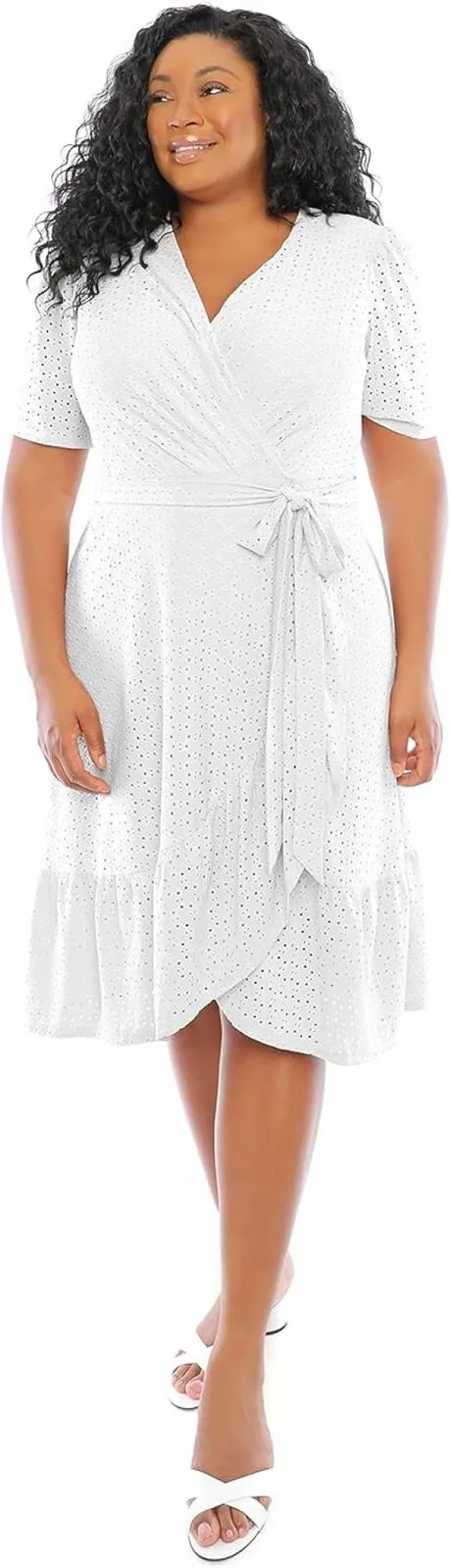 London Times Women's Plus Size Short Sleeve Ruffle Faux Wrap Dress T5649W