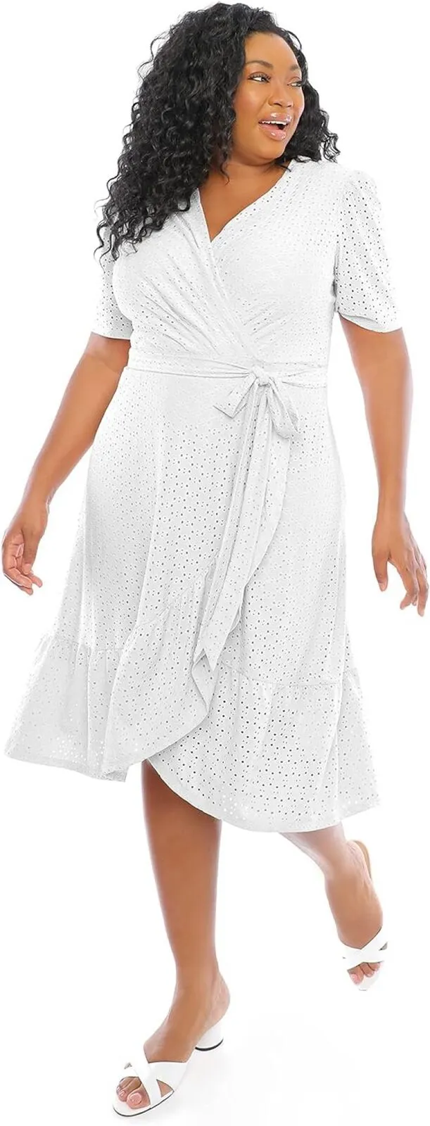 London Times Women's Plus Size Short Sleeve Ruffle Faux Wrap Dress T5649W