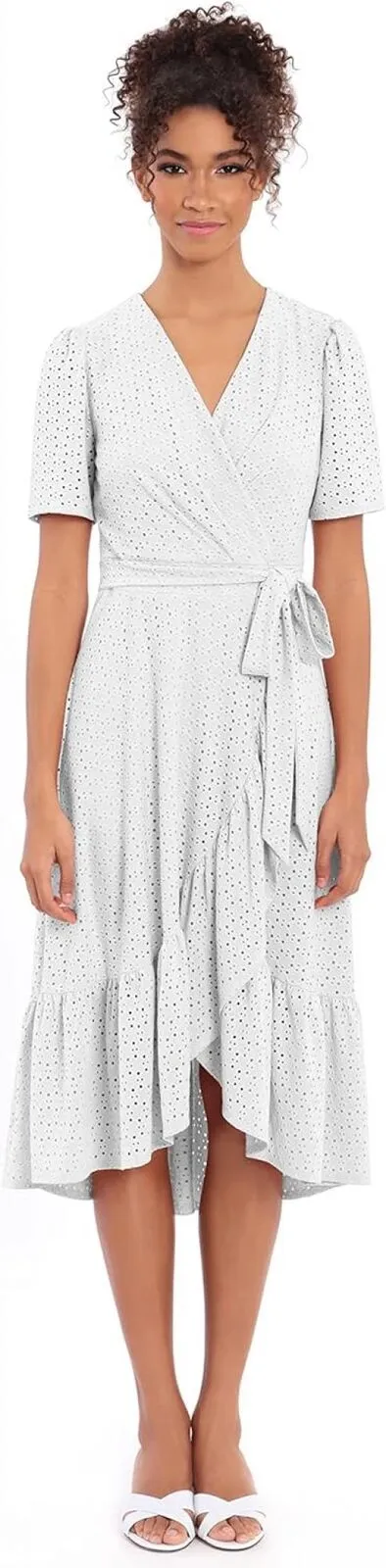London Times Women's Plus Size Short Sleeve Ruffle Faux Wrap Dress T5649W