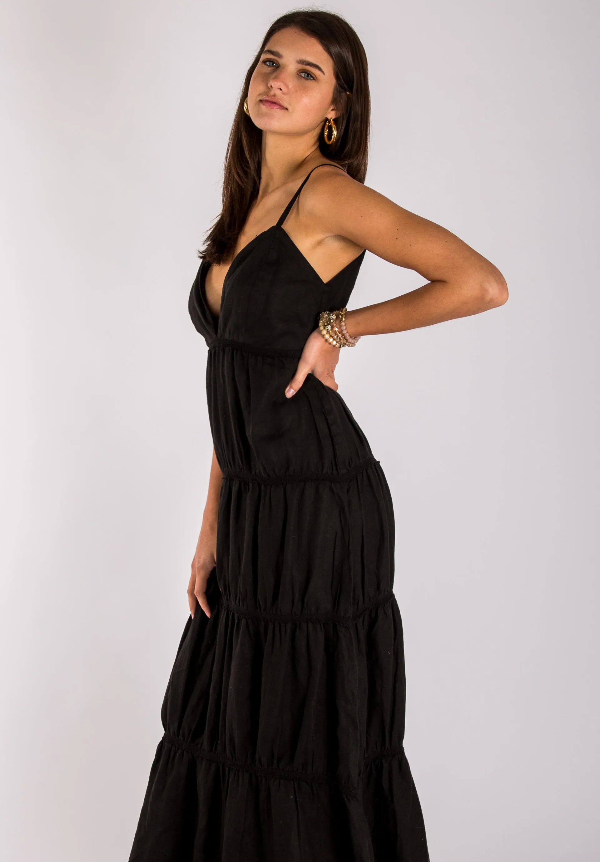 Long Back Linen Maxi Dress With Gold Button Closures
