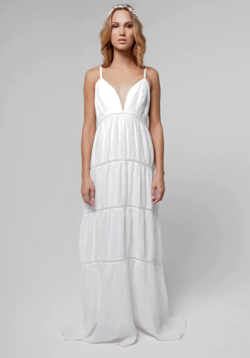 Long Back Linen Maxi Dress With Gold Button Closures