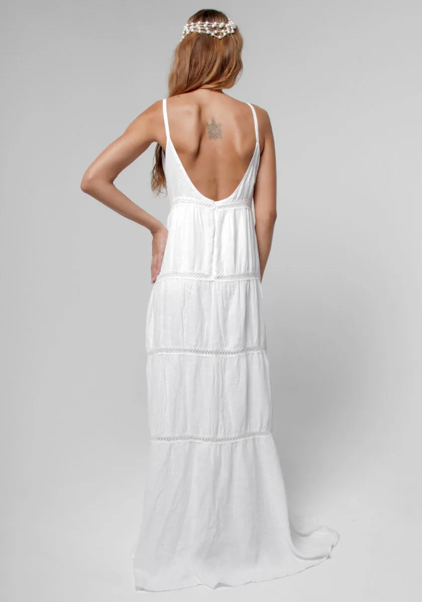 Long Back Linen Maxi Dress With Gold Button Closures