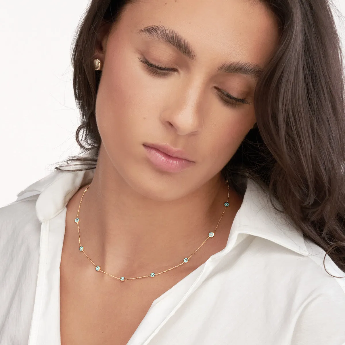 Lt. Turquoise Enamel Round Evil Eye Station Necklace