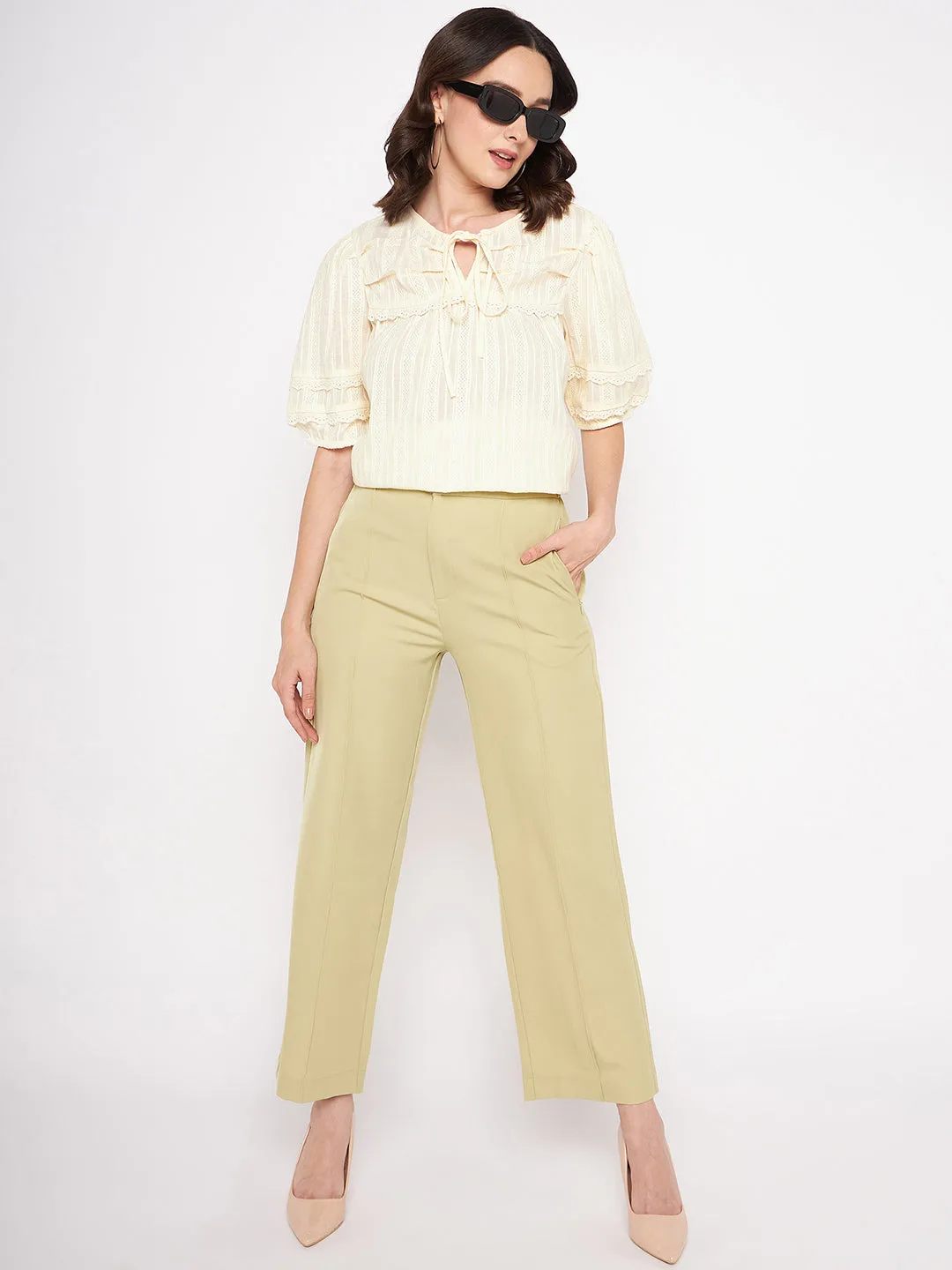 Madame Beige Lacework Puff Sleeves Top