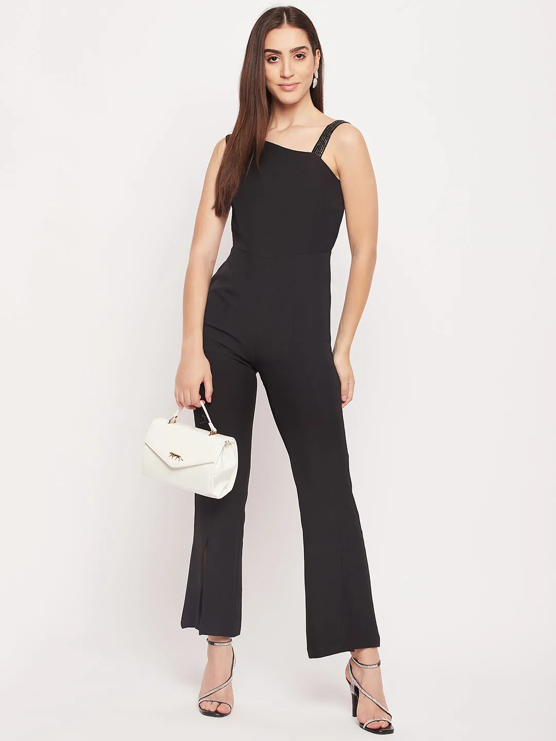 Madame Black Embellished One Shoulder Jumpsuit