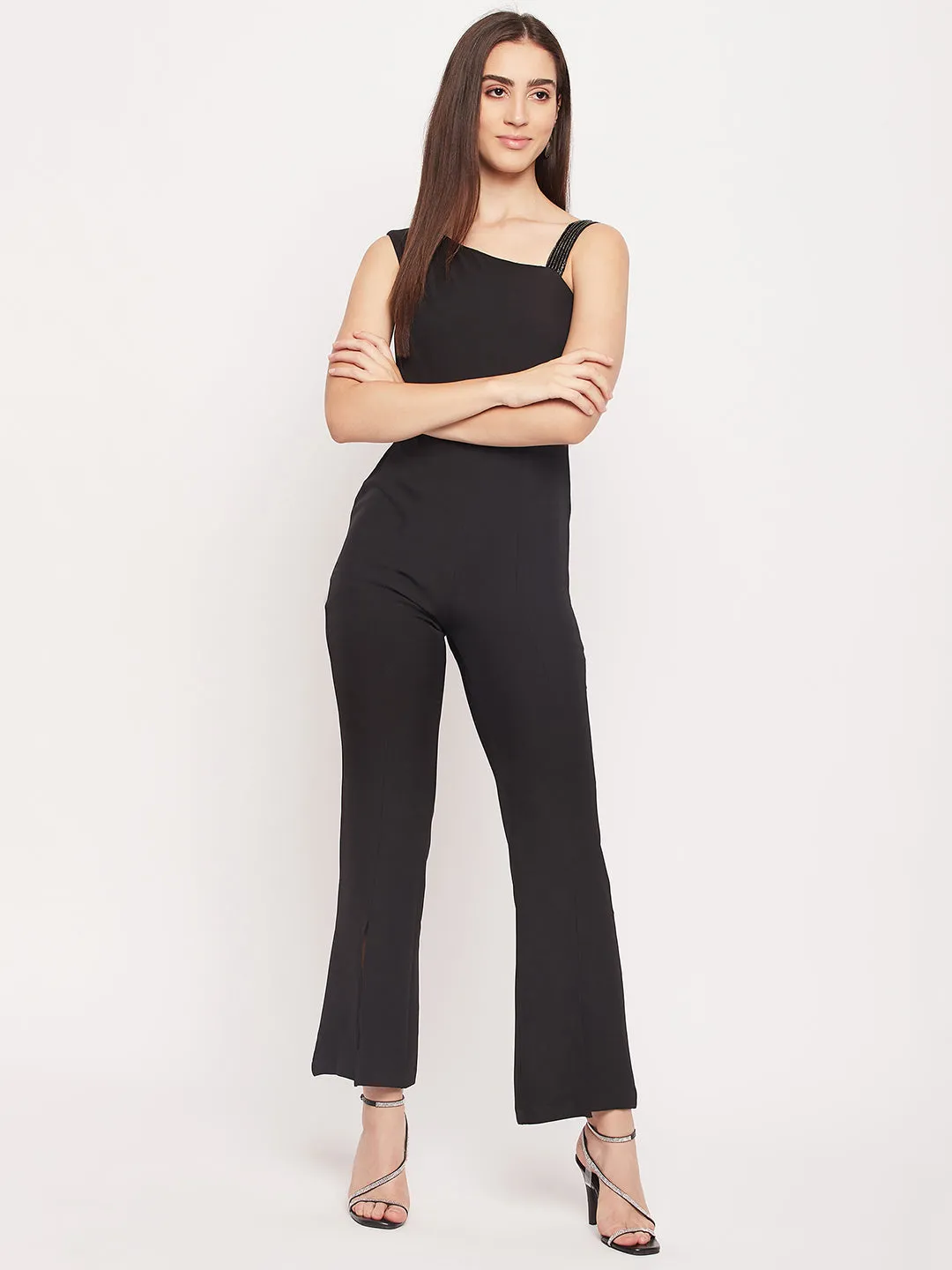 Madame Black Embellished One Shoulder Jumpsuit