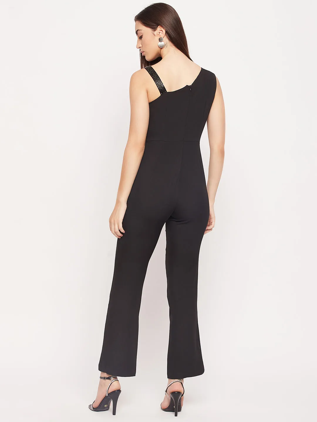 Madame Black Embellished One Shoulder Jumpsuit