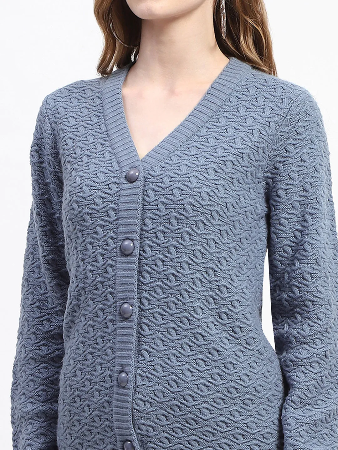Madame Blue Cable Knit Button-Up Cardigan