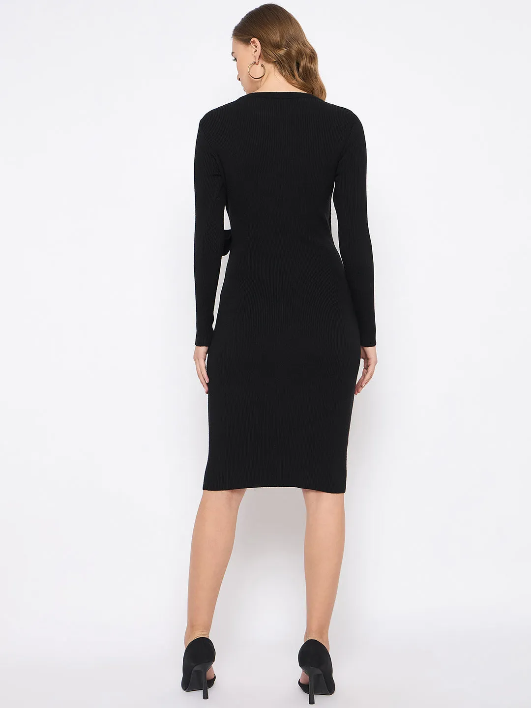 Madame Full Sleeve Tie Waist Black Knit Dress