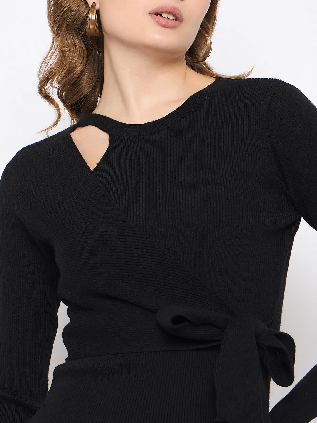 Madame Full Sleeve Tie Waist Black Knit Dress