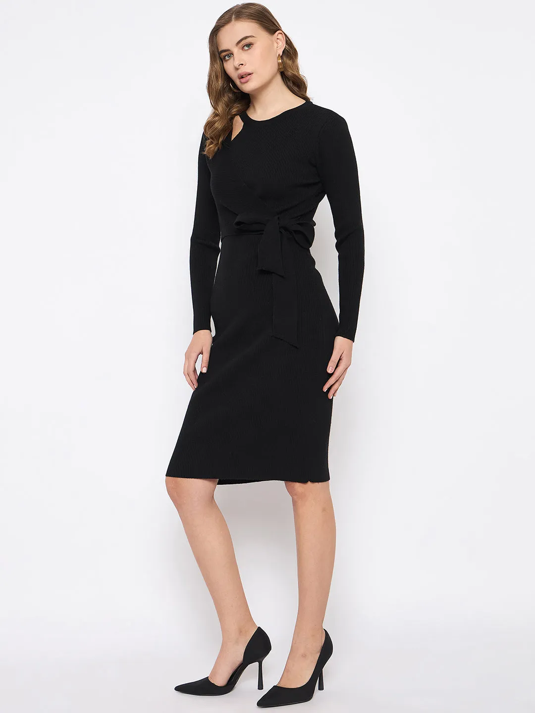 Madame Full Sleeve Tie Waist Black Knit Dress
