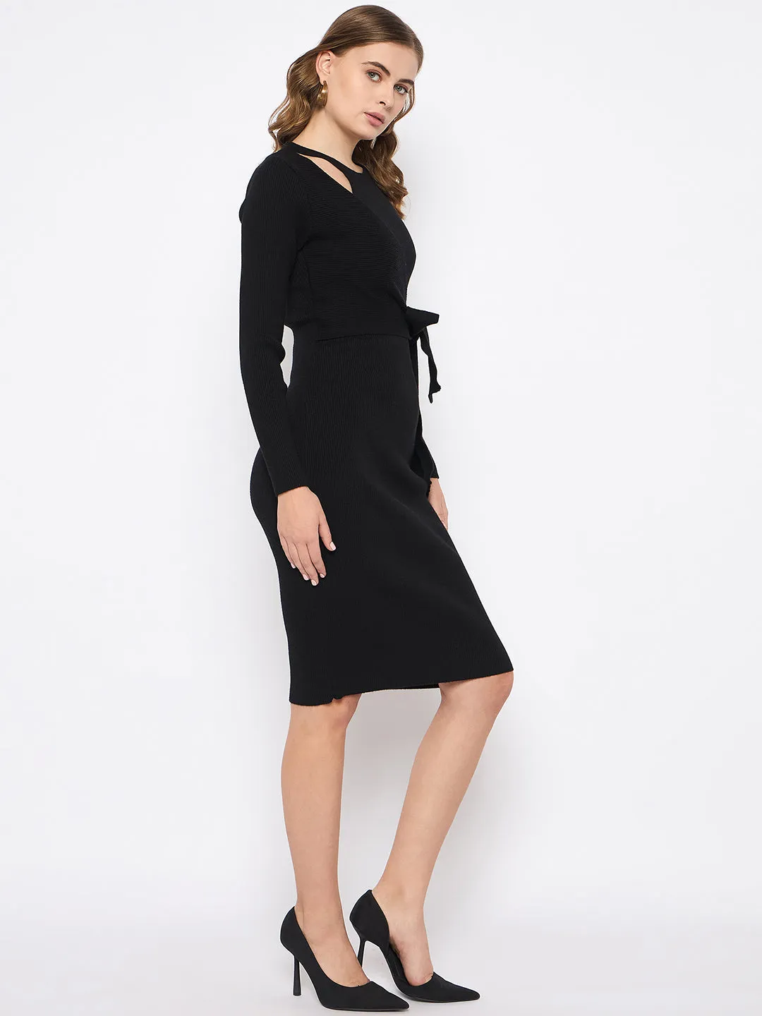 Madame Full Sleeve Tie Waist Black Knit Dress