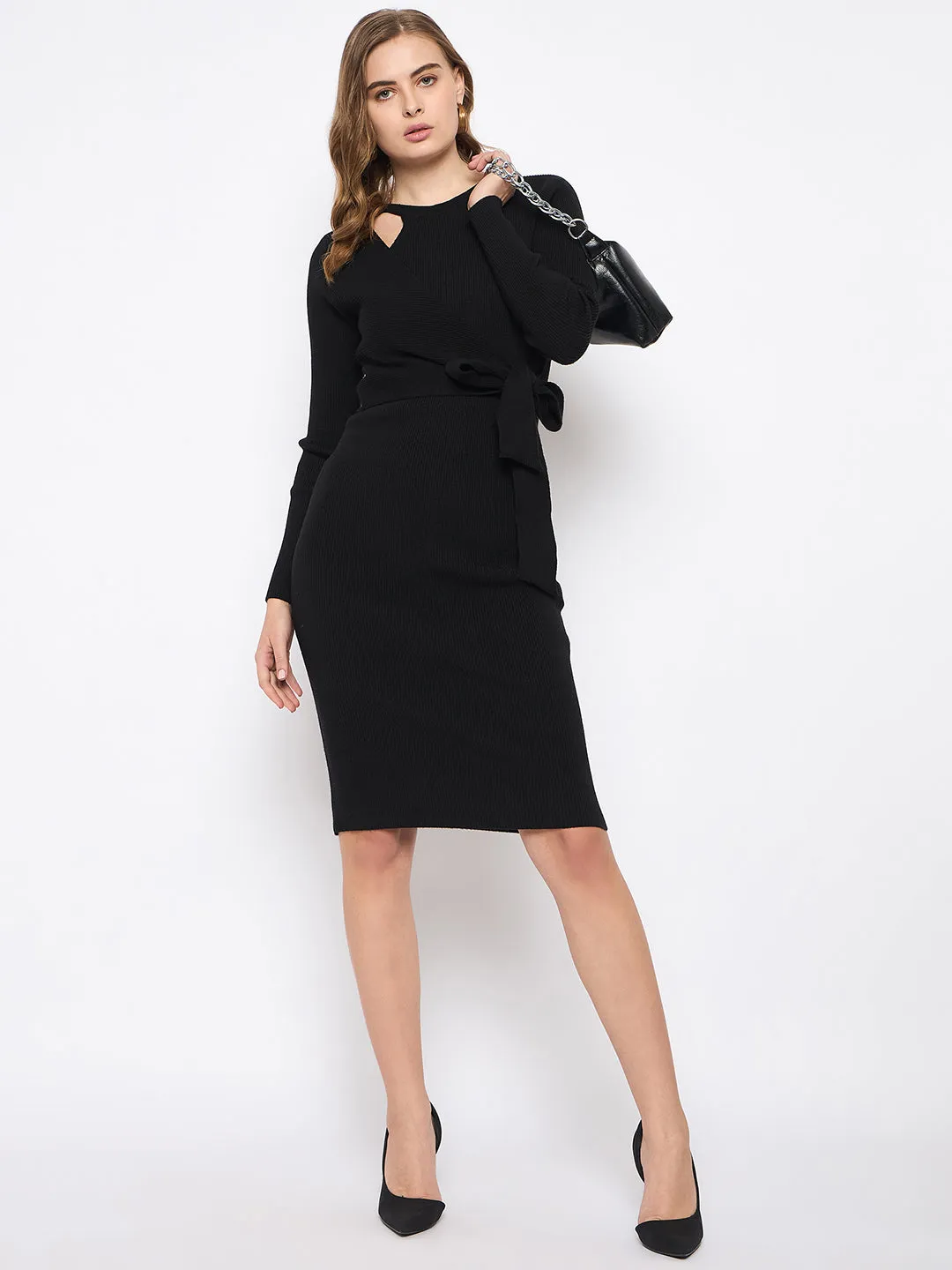 Madame Full Sleeve Tie Waist Black Knit Dress
