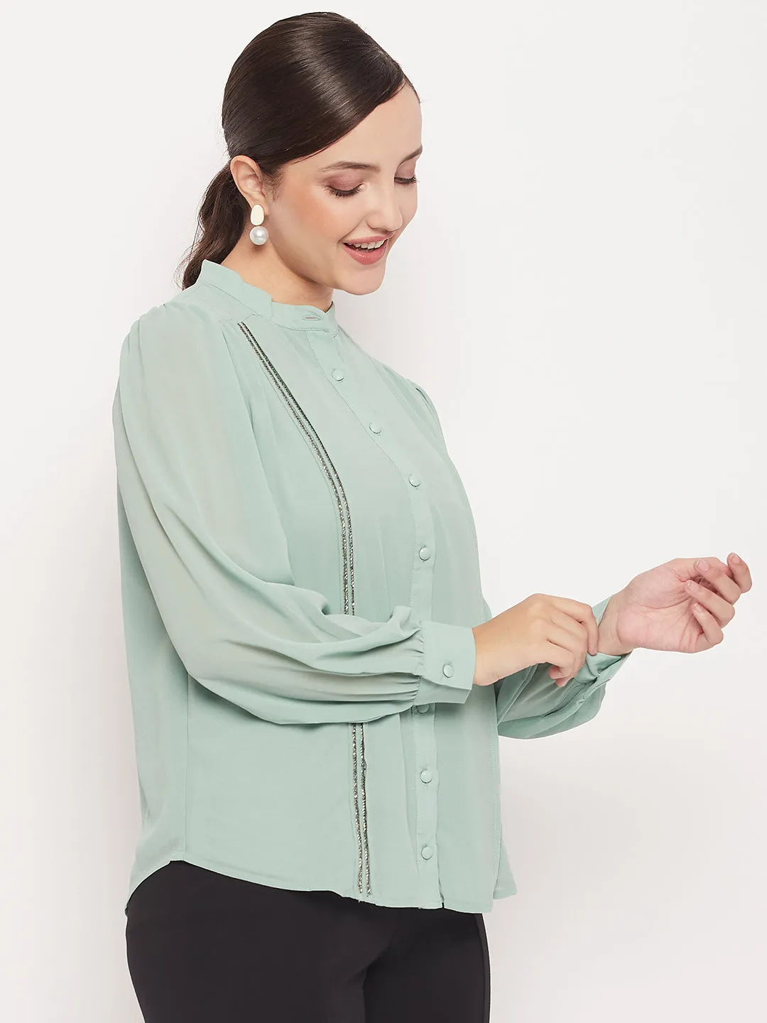 Madame Mint Embellished  Mandarin Collar Shirt