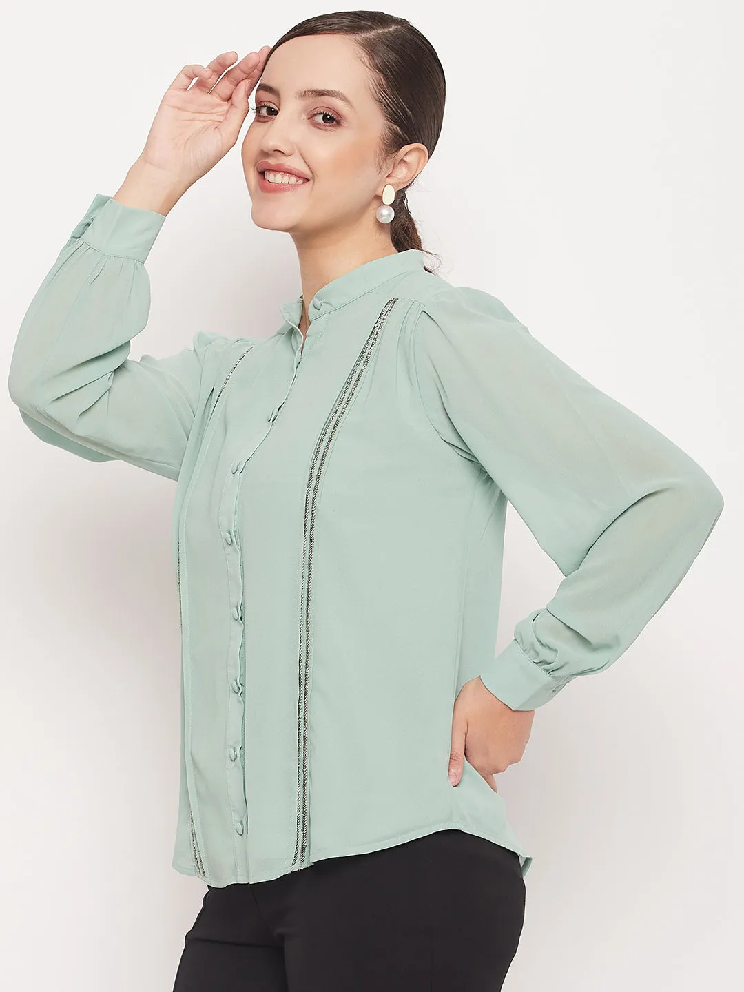 Madame Mint Embellished  Mandarin Collar Shirt