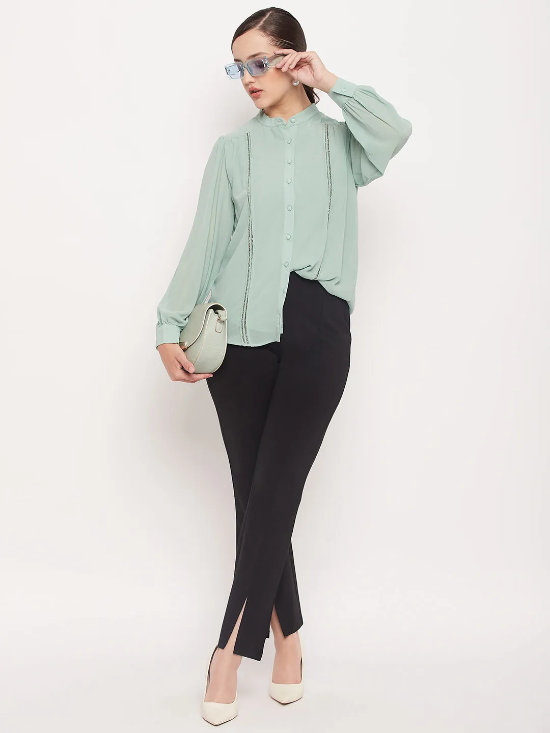 Madame Mint Embellished  Mandarin Collar Shirt