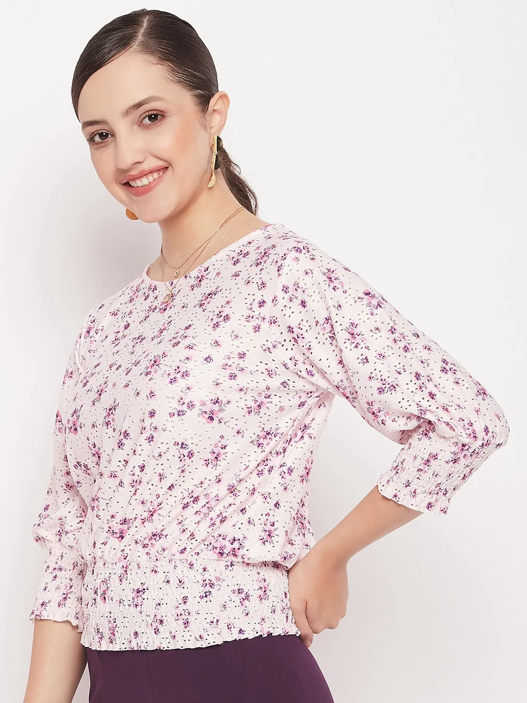 Madame Pink Elasticated Waist Cotton Floral  Top