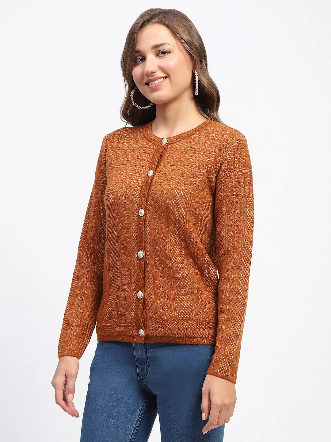 Madame Self-Designed Crew Neck Button Down Tan Cardigan