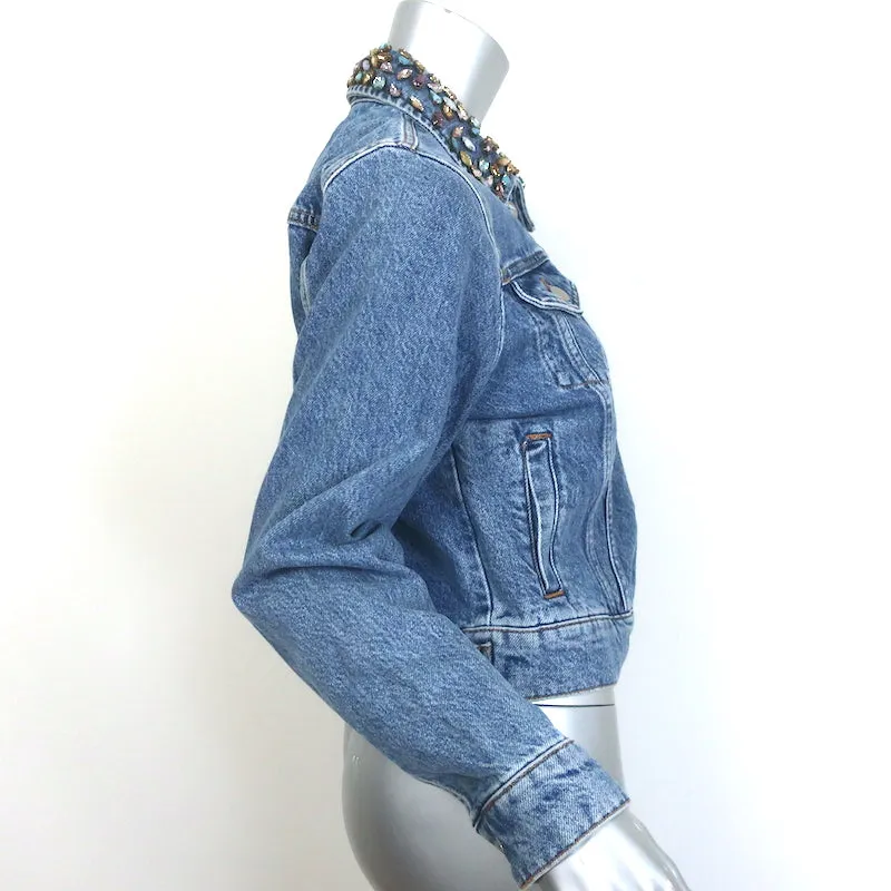 Maje Bianca Embellished-Collar Jean Jacket Blue Denim Size 36