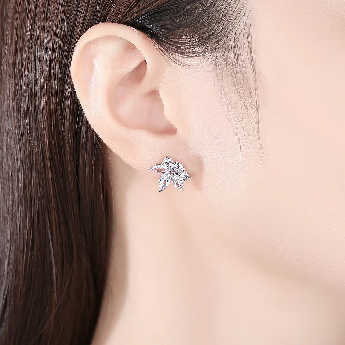 Marquise-Cut Crystal & Silver-Plated Flower Stud Earrings