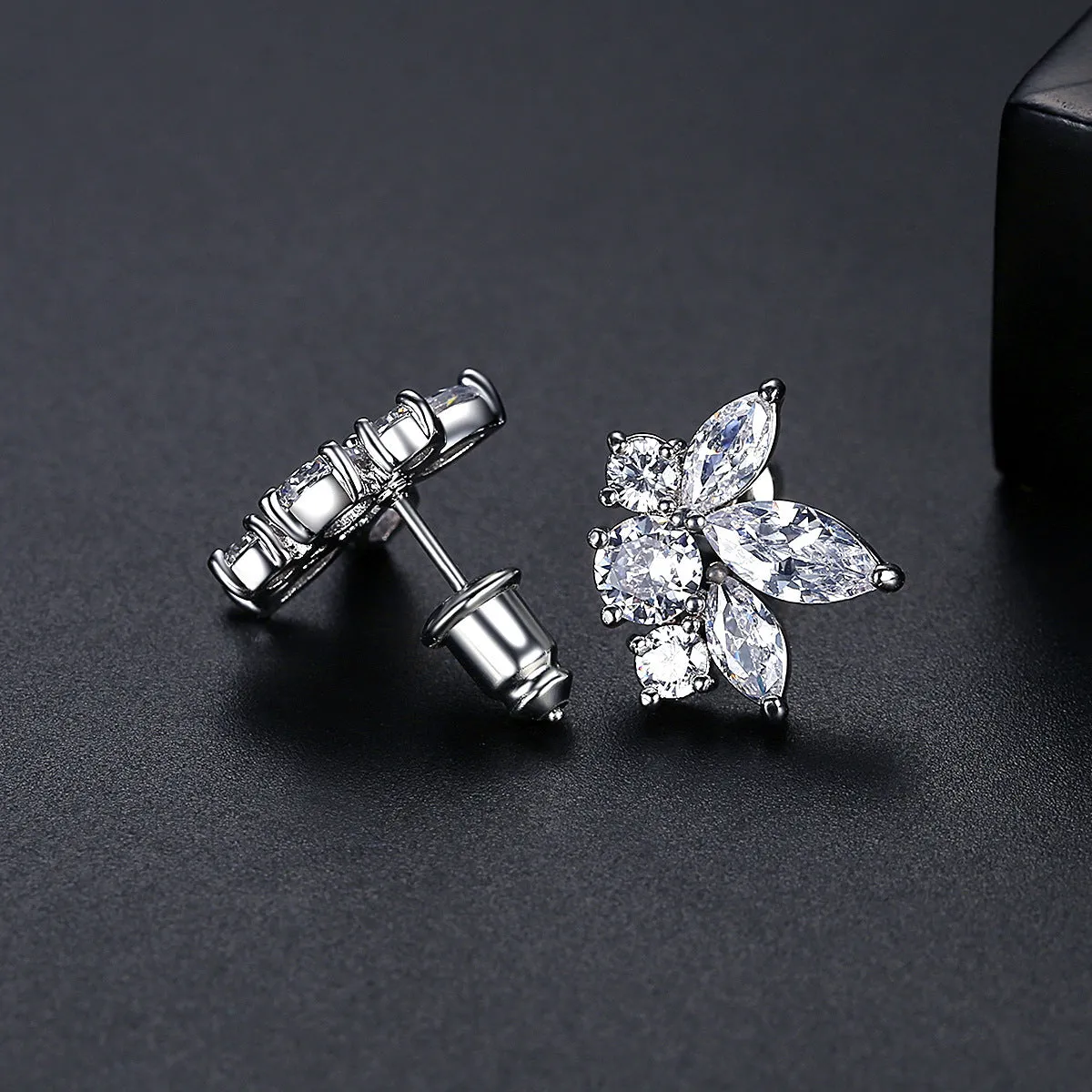 Marquise-Cut Crystal & Silver-Plated Flower Stud Earrings