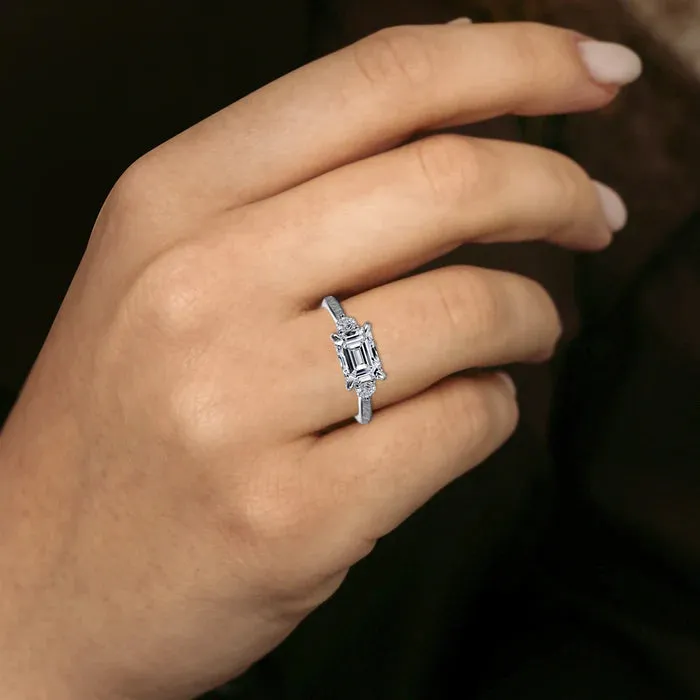 Meteorite Embrace - 14K Gold or Sterling Silver Engagement Ring for Women | Muonionalusta Meteorite | 7x5mm Emerald Cut Certified Moissanite Engagement Ring