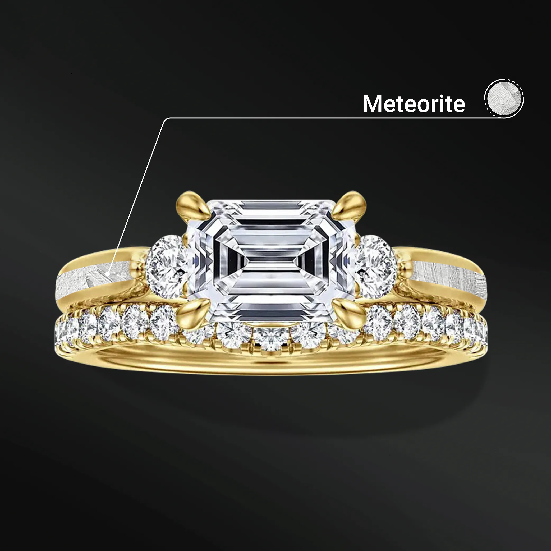 Meteorite Embrace - Ring Set | Certified Emerald Moissanite Engagement Ring | Muonionalusta Meteorite