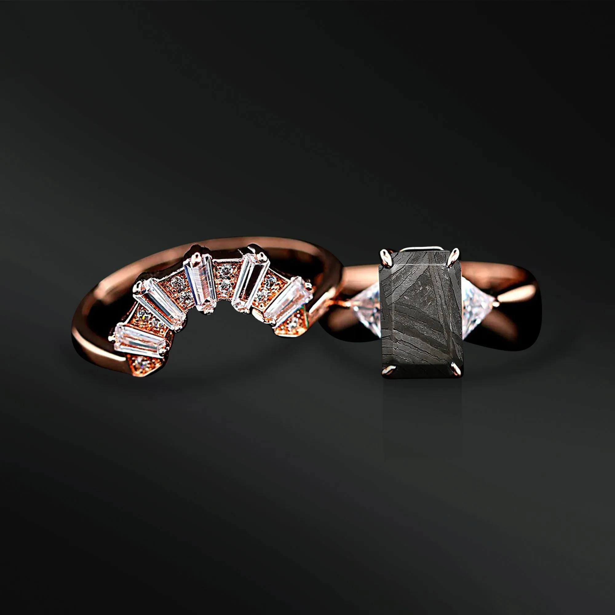 Meteorite Mirage Duo Engagement Ring Set | Muonionalusta Center Stone with Baguette & Round Cut Moissanites