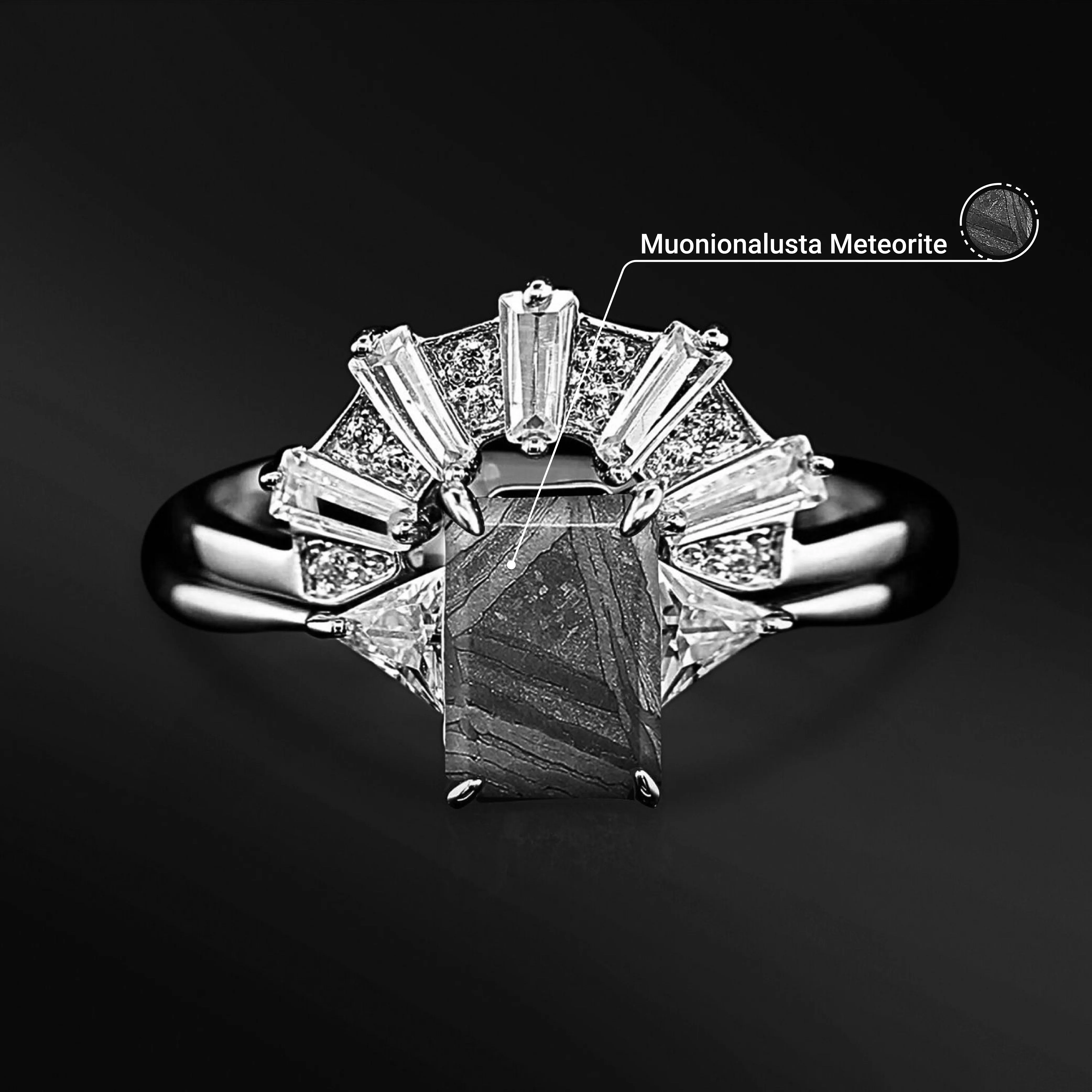 Meteorite Mirage Duo Engagement Ring Set | Muonionalusta Center Stone with Baguette & Round Cut Moissanites