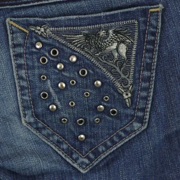 Miss Me Sang Real Women's Size 26 Blue Low Rise Boot Cut Embellished Jeans