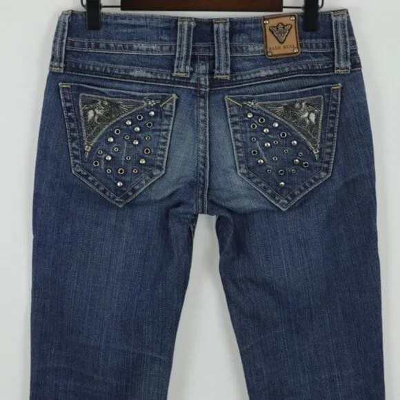 Miss Me Sang Real Women's Size 26 Blue Low Rise Boot Cut Embellished Jeans